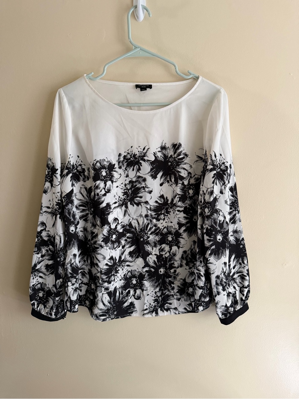 Ann Taylor White Blouse with Black Floral Print